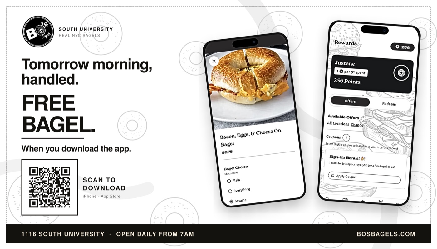 Bo's Bagels ad: 'Tomorrow morning, handled. Free bagel when you download the app.'
